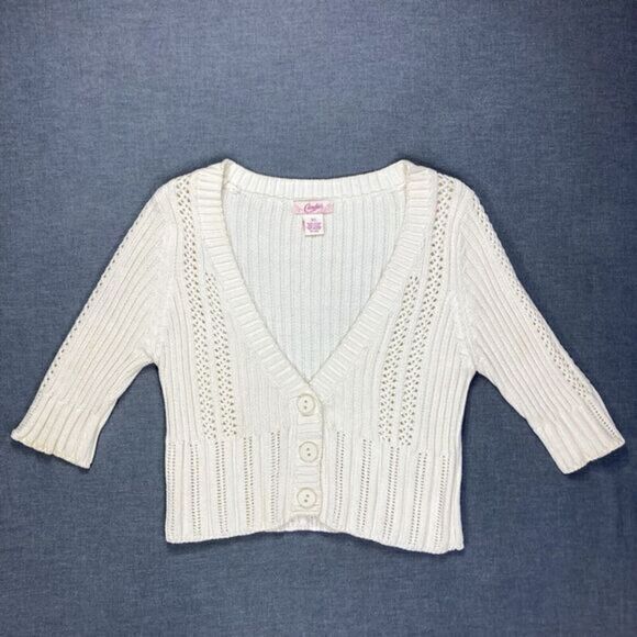 Candies V- Neck Cardigan Womens S Girls XL Ivory Knit Casual Minimalist Sweater - Picture 1 of 15